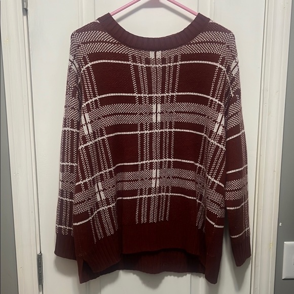 Plaid Knit Sweater - Burgundy and White - Picture 1 of 7